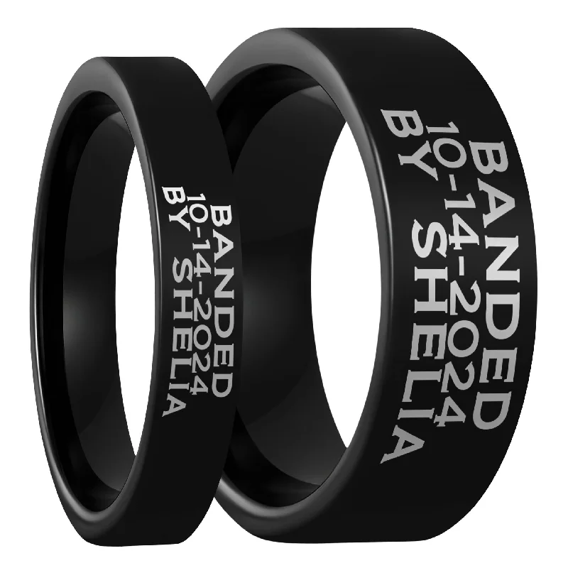 Women’s three-stone rings-Duck Band Custom Engraved Black Tungsten Couple's Matching Ring Set