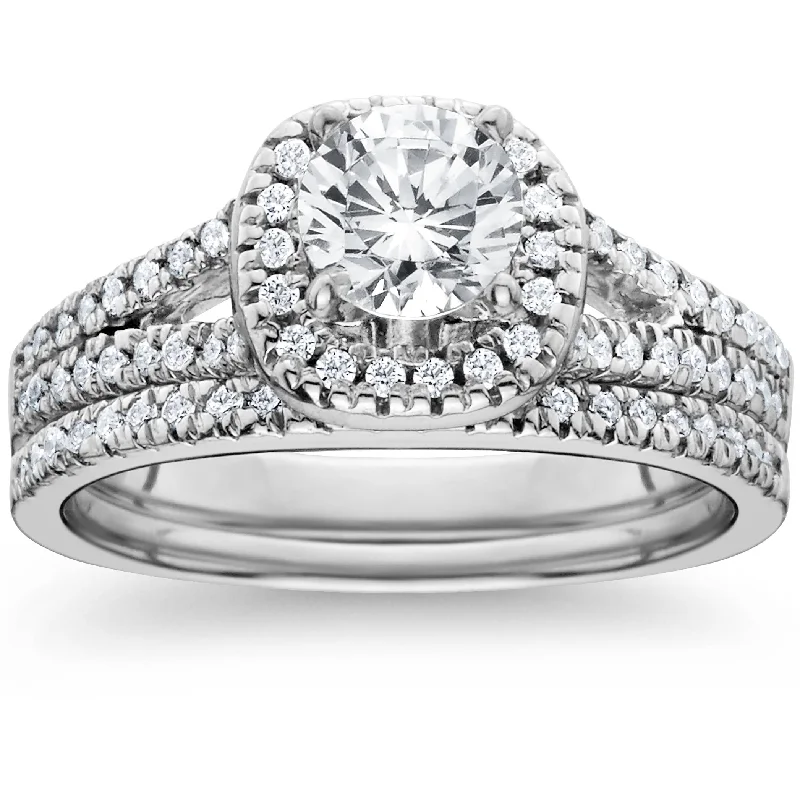 Women’s contemporary diamond engagement rings-1ct Halo Diamond Engagement Ring Set Split Shank Bridal Wedding 14K White Gold