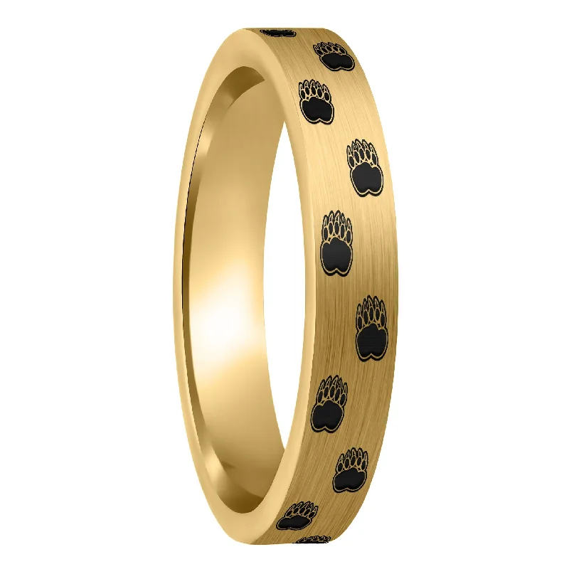 Women’s silver statement rings-Bear Paw Print Brushed Gold Tungsten Women's Ring