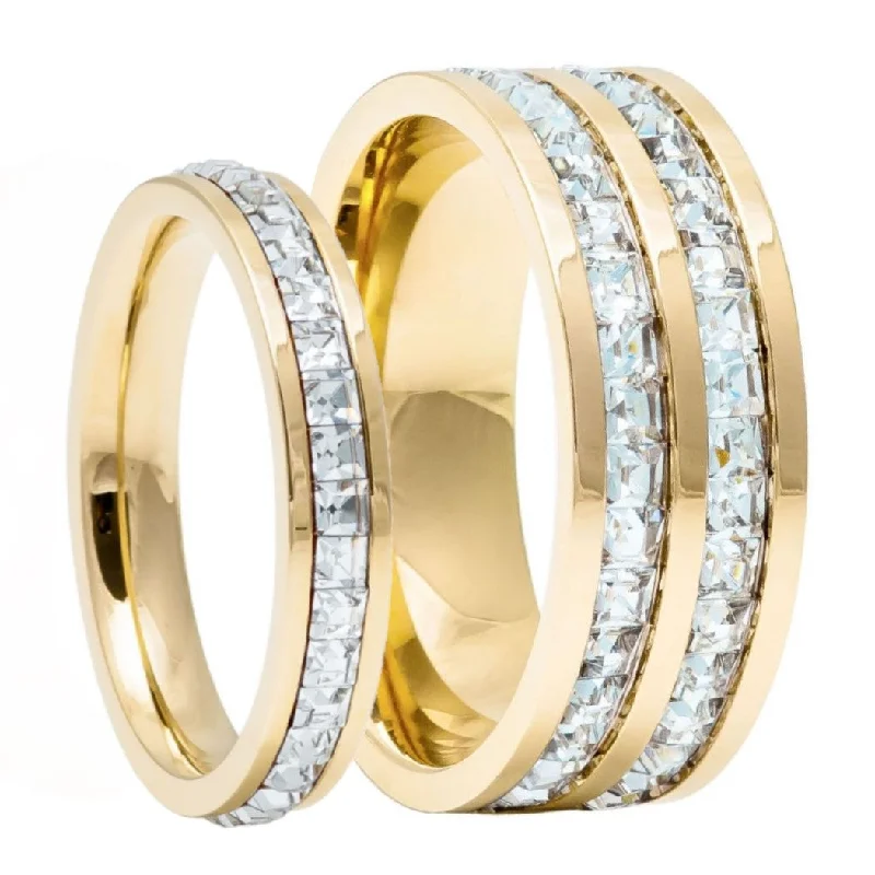 Women’s designer rings-Gold Titanium & Cubic Zirconia Couple's Matching Wedding Band Set