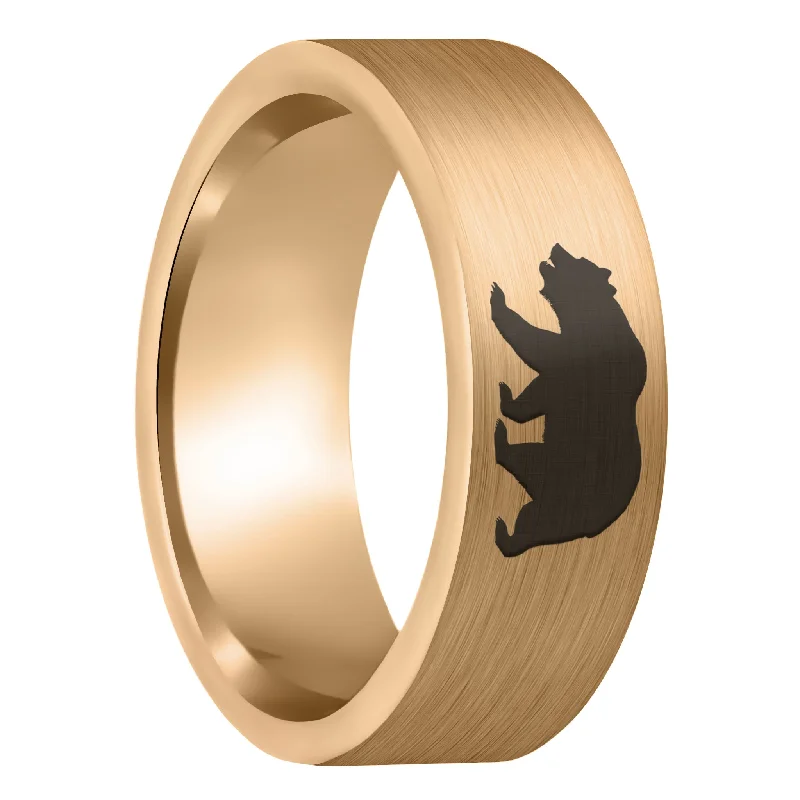 Elegant rings for women-Bear Brushed Rose Gold Tungsten Men's Wedding Band