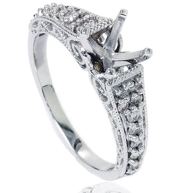 Women’s unique engagement rings-3/8ct Vintage Diamond Engagement Ring Mount 14K White Gold