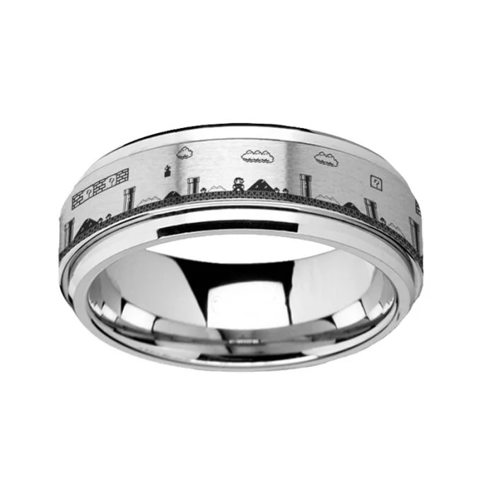 Women’s antique-style rings-Super Mario Bros Engraved Spinner Tungsten Wedding Band