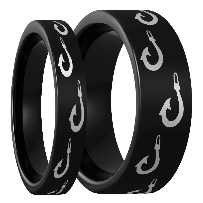 Women’s trendy stackable rings-Polynesian Fishing Hook Black Tungsten Couple's Matching Wedding Band Set