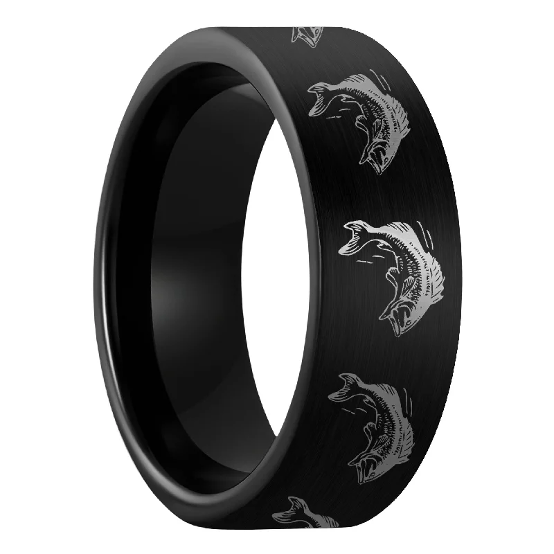 Vintage rings for women-Bass Fish Brushed Black Tungsten Men's Wedding Band