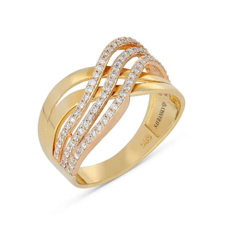 Women’s platinum diamond engagement rings-Two Tone Crossover Multi Layer Diamond Band Ring