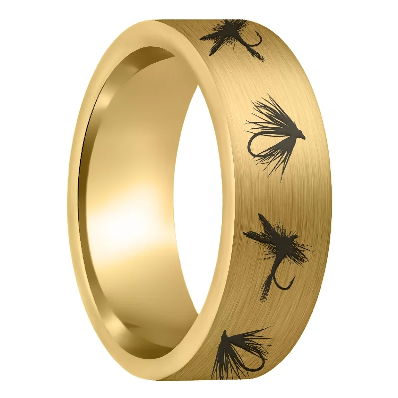 Women’s gemstone wedding rings-Fly Fishing Lures Brushed Gold Tungsten Men's Wedding Band