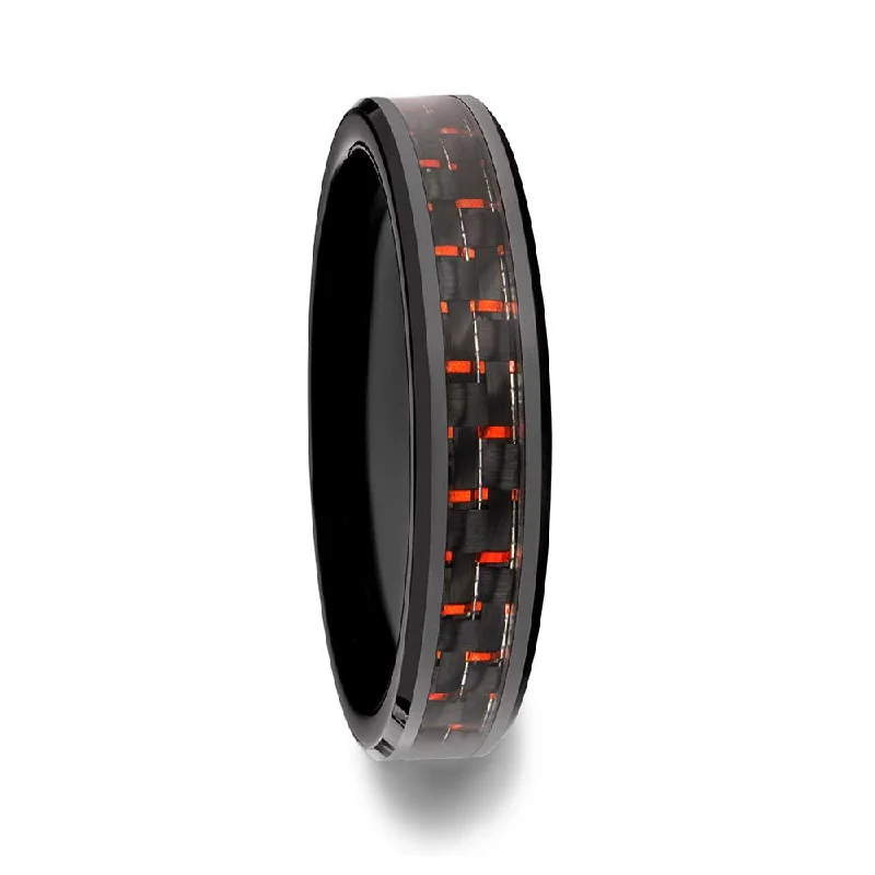 Women’s wedding rings-Black Ceramic Women's Wedding Band with Black & Red Carbon Fiber Inlay