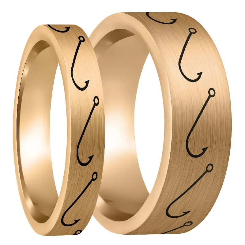 Women’s gold rings-Simple Fishing Hook Brushed Rose Gold Tungsten Couple's Matching Wedding Band Set