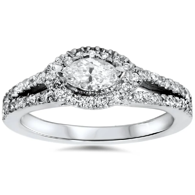 Women’s custom diamond engagement rings-1ct Marquise Diamond Halo Split Shank Engagement Ring White Gold