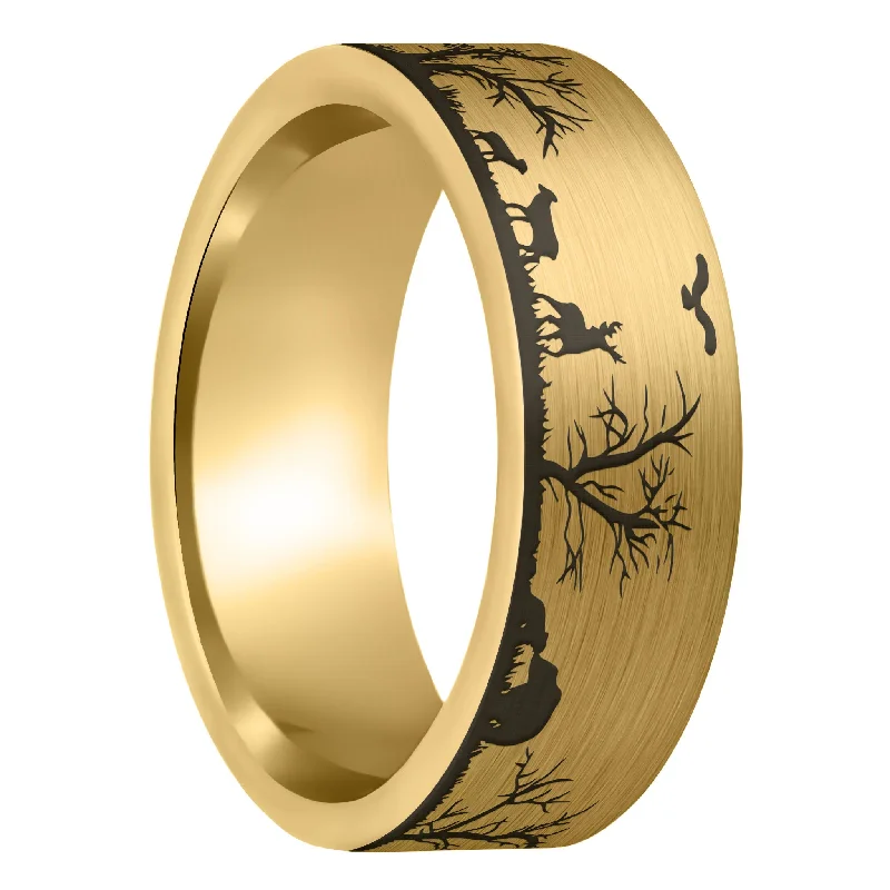 Women’s turquoise rings-Grassland Animals Scene Brushed Gold Tungsten Men's Wedding Band