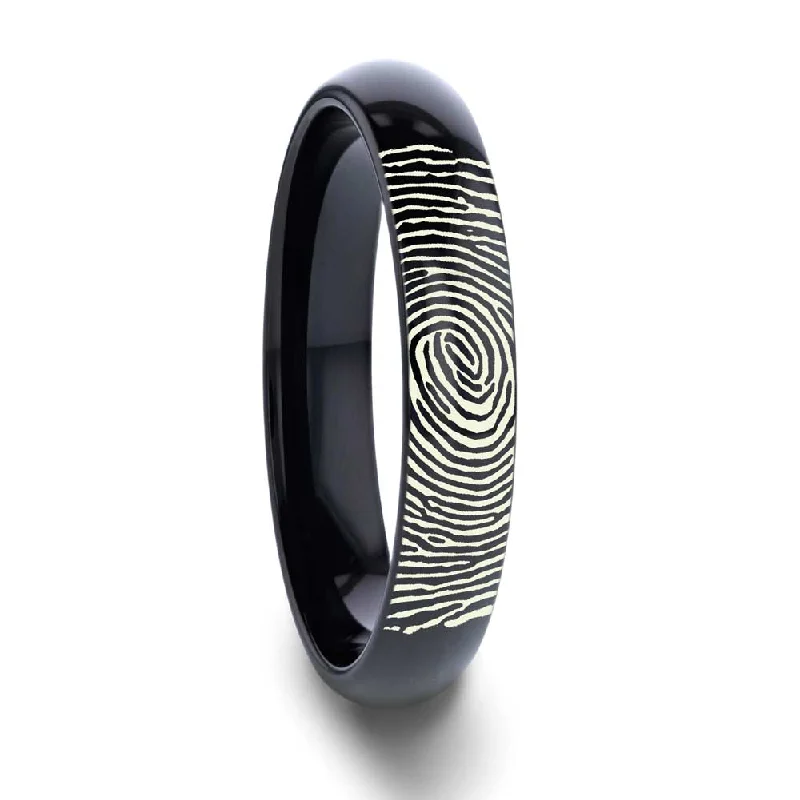 Women’s colored gemstone rings-Custom Fingerprint Engraved Black Tungsten Women's Ring