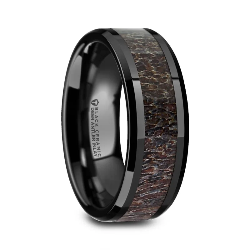 Women’s zirconia rings-Black Ceramic Men's Wedding Band with Dark Brown Antler Inlay