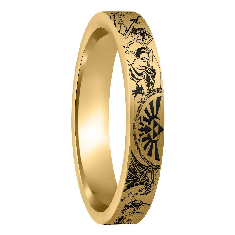 Women’s diamond accent rings-Legend of Zelda Brushed Gold Tungsten Women's Wedding Band