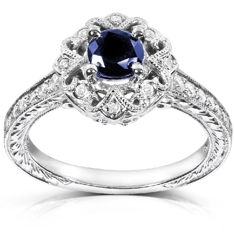 Women’s oval diamond engagement rings-Annello by Kobelli 14k White Gold Round-cut Blue Sapphire and Diamond Vintage Engagement Ring