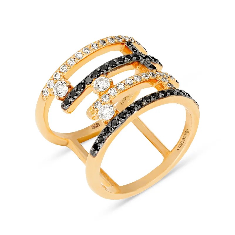 Women’s unique engagement rings-Multi Row Bypass Rose Gold White and Black Diamond Ring