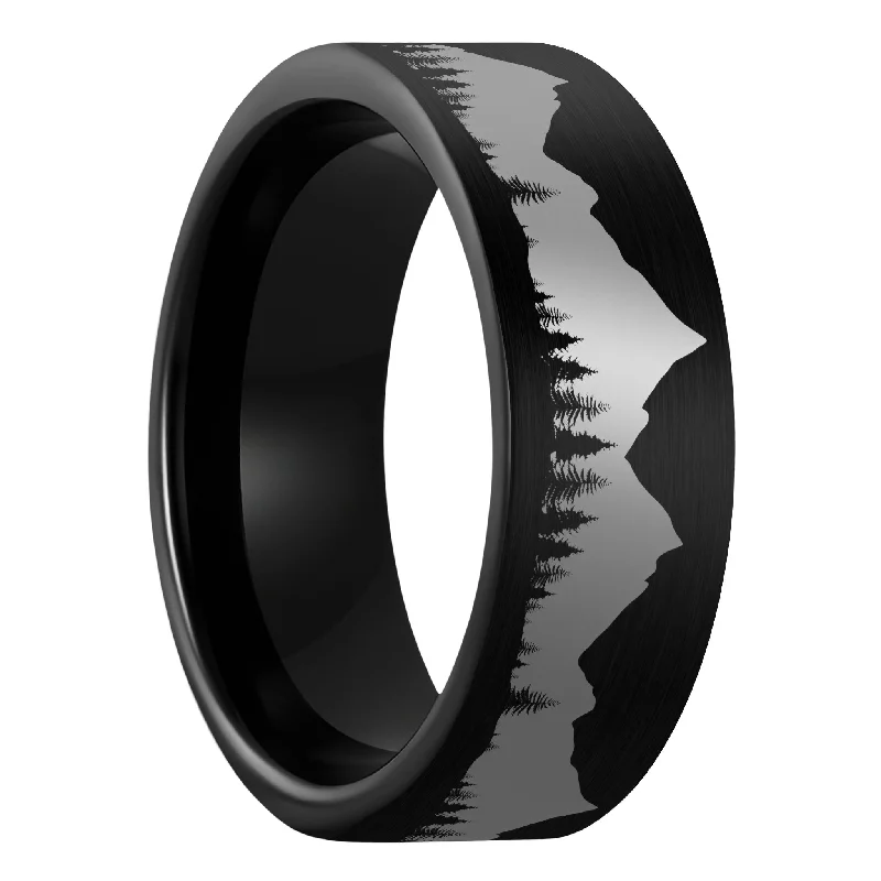 Women’s silver rings-Treeline Mountains Brushed Black Tungsten Men's Wedding Band