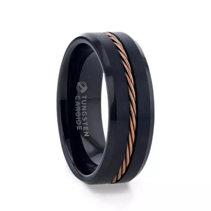 Women’s diamond band rings-Black Tungsten Men's Wedding Band with Braided Rose Gold Inlay