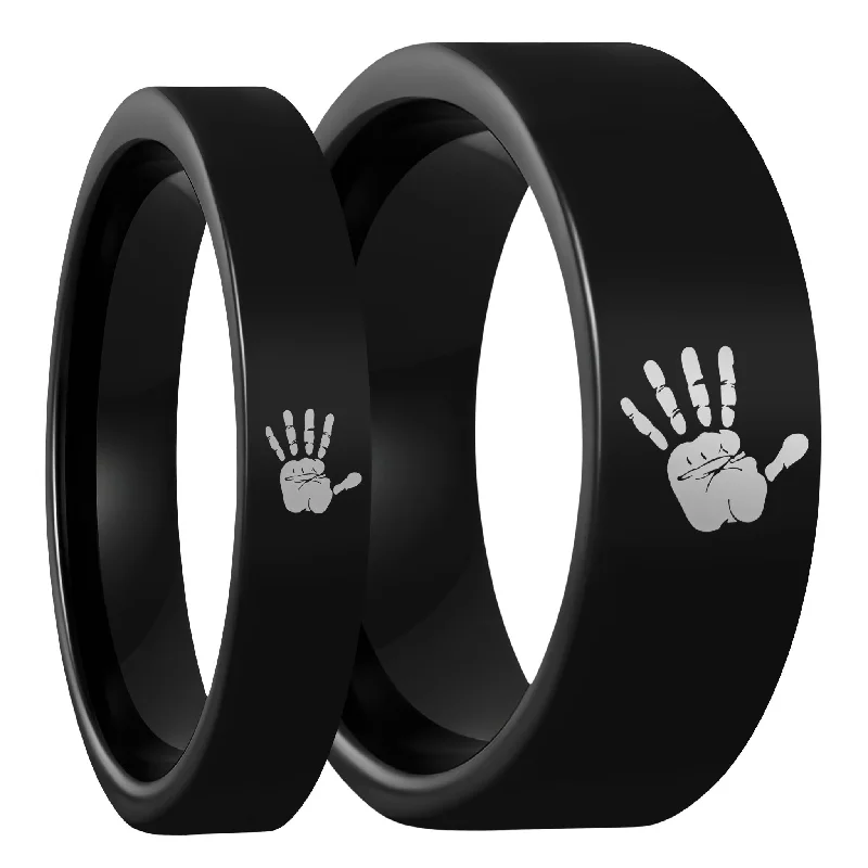 Women’s large diamond rings-Custom Handprint Black Tungsten Couple's Matching Ring Set