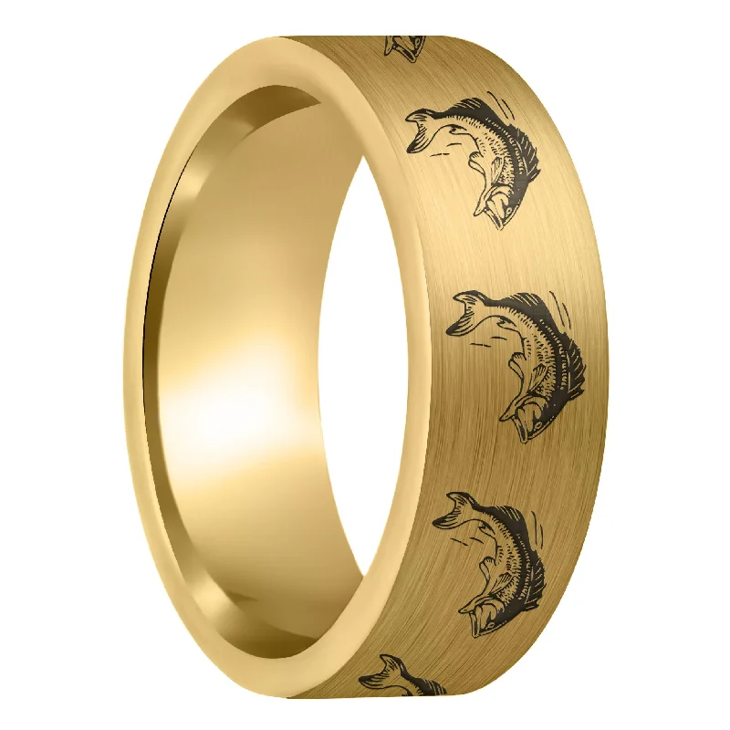 Women’s engraved wedding rings-Bass Fish Brushed Gold Tungsten Men's Wedding Band