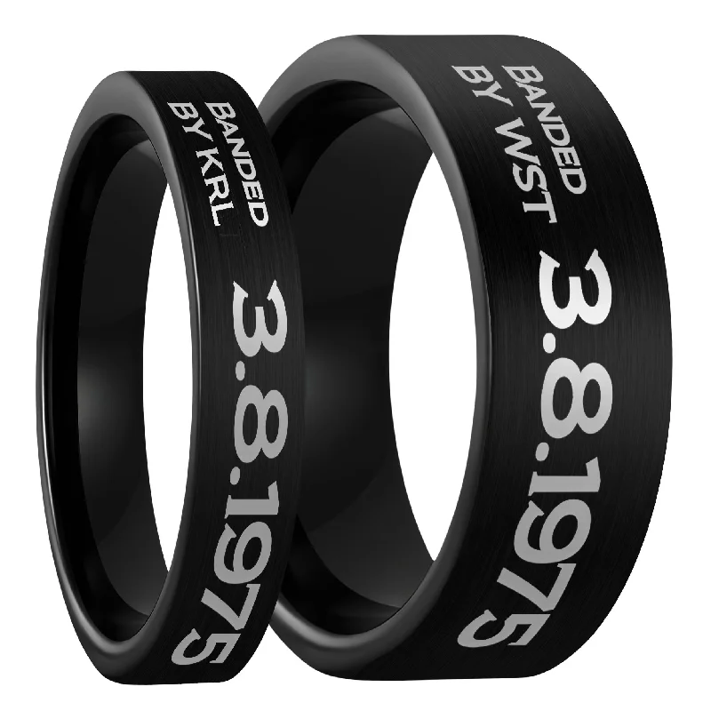 Women’s wedding rings with pearls-Duck Band Style Custom Engraved Brushed Black Tungsten Couple's Matching Ring Set