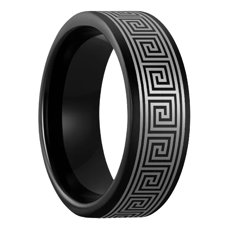 Women’s platinum rings-Greek Key Brushed Black Tungsten Men's Wedding Band