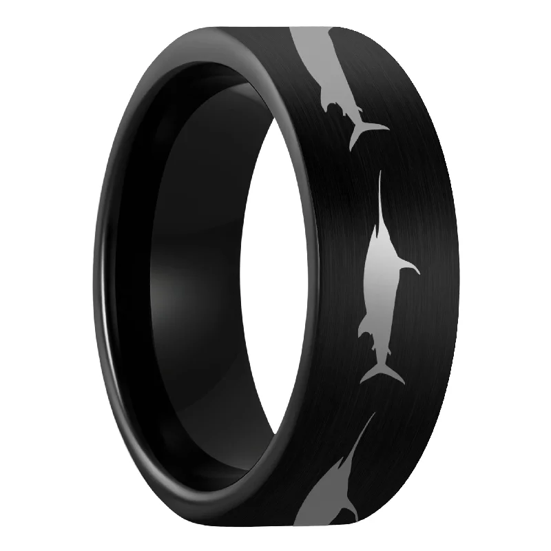 Women’s band rings-Swordfish Brushed Black Tungsten Men's Wedding Band