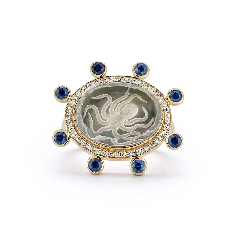 Women’s intricate engagement rings-Large Octopus Caspian Ring- Grey Mother-of Pearl, Diamond and Deep Sapphire