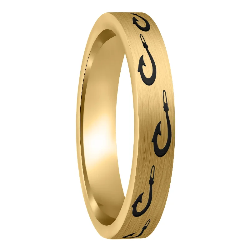 Women’s large rings-Polynesian Fishing Hook Brushed Gold Tungsten Women's Wedding Band