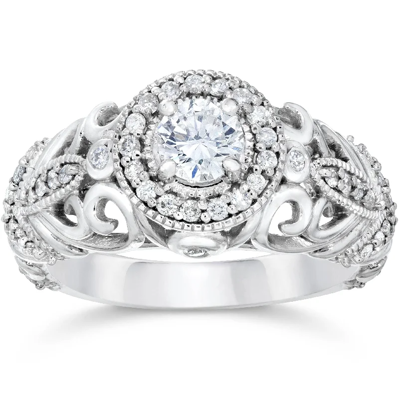 Women’s pave engagement rings-3/4ct Vintage Diamond Engagement Ring 14K White Gold