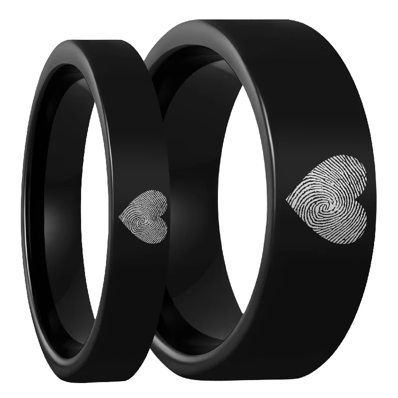 Women’s gemstone wedding rings-Custom Heart Fingerprint Black Tungsten Couple's Matching Ring Set