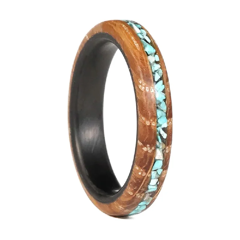 Women’s large statement rings-Turquoise Stone Inlaid Women's Wood Wedding Band with Carbon Fiber Interior