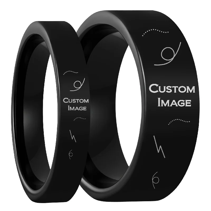 Women’s turquoise rings-Custom Image Engraved Black Tungsten Couple's Matching Ring Set