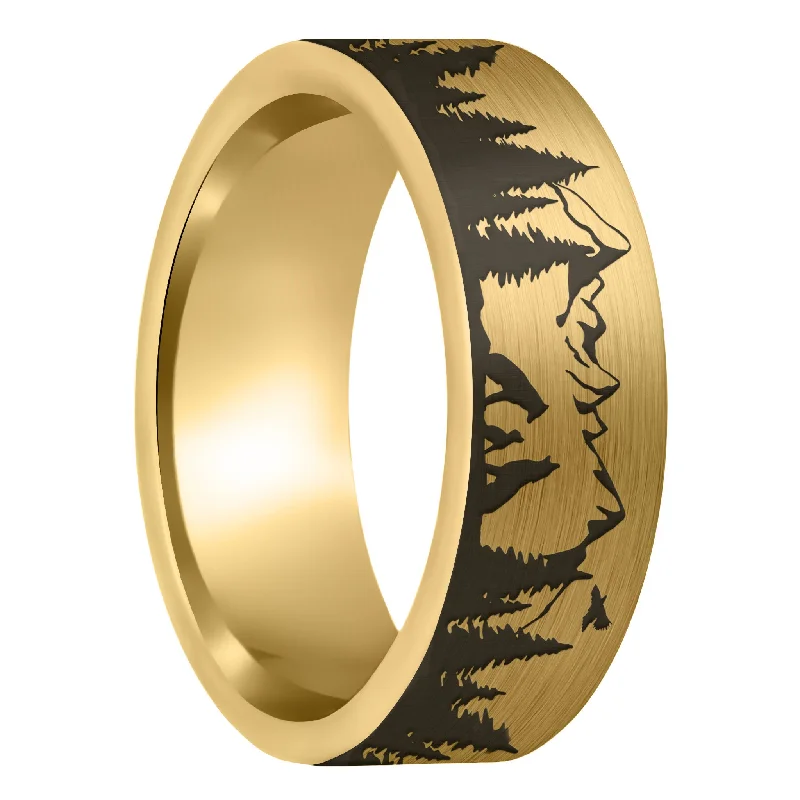 Women’s wedding rings-Wolf Landscape Scene Brushed Gold Tungsten Men's Wedding Band