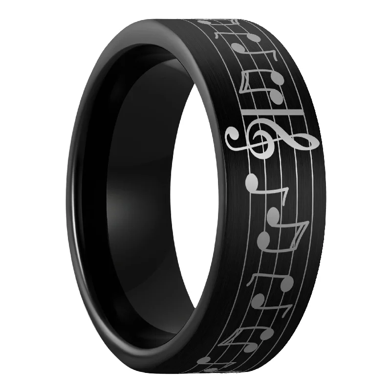 Women’s oversized rings-Music Notes Brushed Black Tungsten Men's Wedding Band