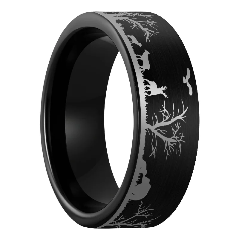 Women’s minimalist rings-Grassland Animals Scene Brushed Black Tungsten Men's Wedding Band