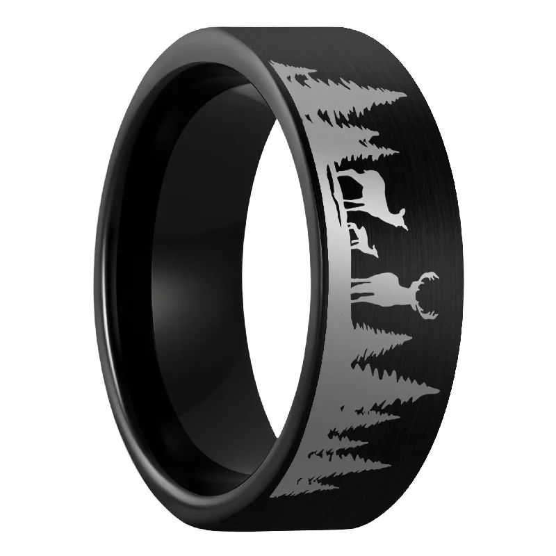 Women’s large diamond rings-Deer Landscape Scene Brushed Black Tungsten Men's Wedding Band