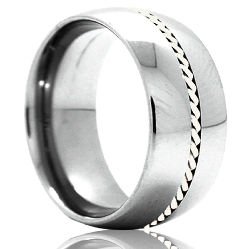 Women’s statement gemstone rings-Woven Argentium Silver Inlay Domed Tungsten Wedding Band