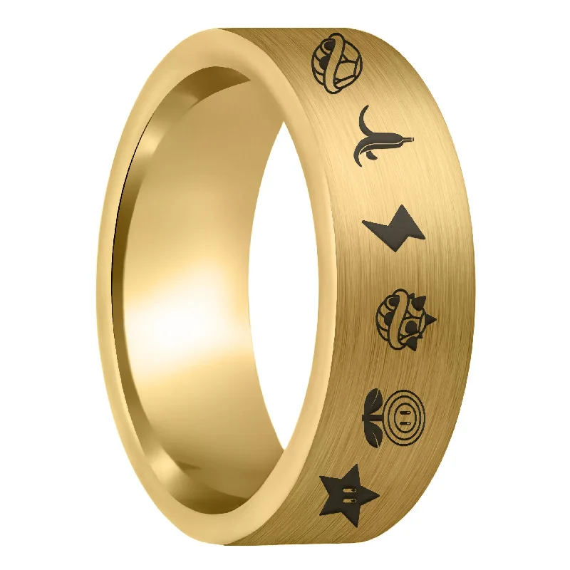 Women’s wedding band rings-Mario Kart Items Brushed Gold Tungsten Men's Wedding Band