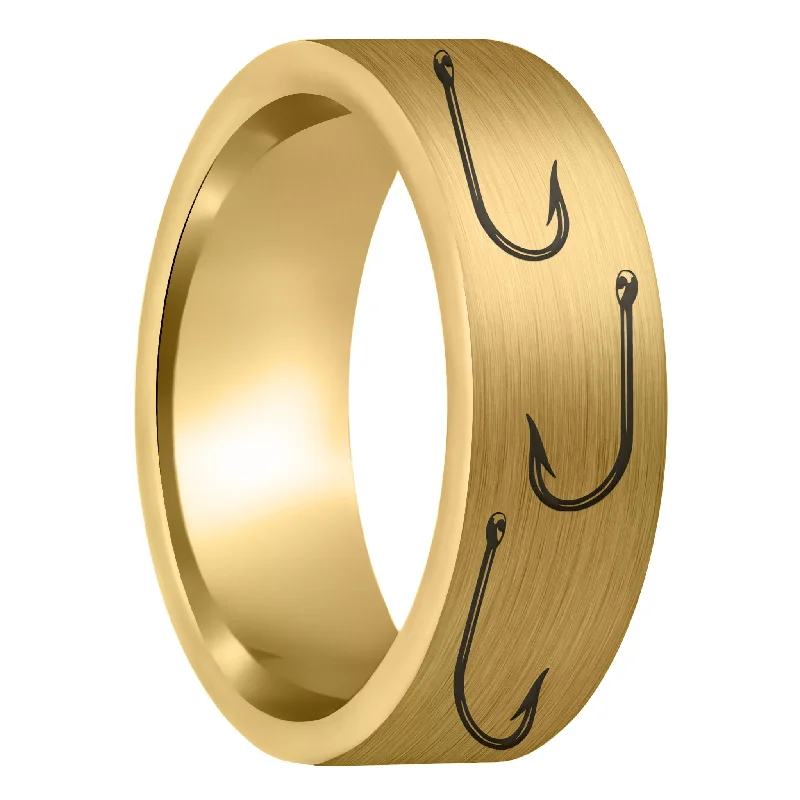 Women’s vintage-style engagement rings-Fishing Hook Brushed Gold Tungsten Men's Wedding Band