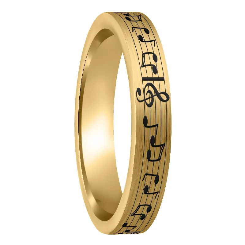 Designer rings for women-Music Notes Brushed Gold Tungsten Women's Wedding Band