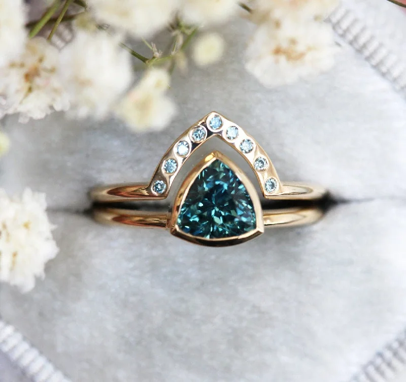 Women’s contemporary diamond engagement rings-Teal Trillion Sapphire Ring With Blue Diamond Band, Trillion