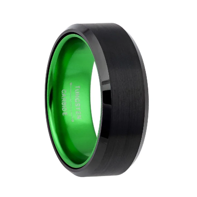 Custom engagement rings for women-Flat Black Tungsten Men's Wedding Band with Contrasting Green Interior