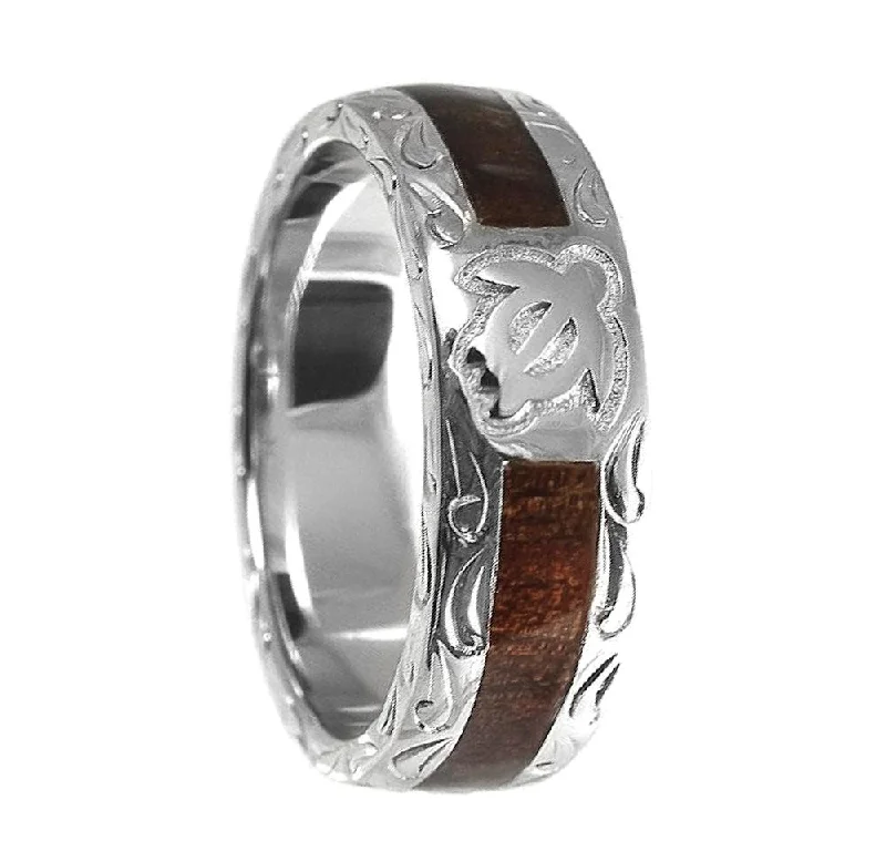 Women’s large diamond rings-925 Silver Men's Wedding Band with Honu Turtle & Hawaiian Koa Wood