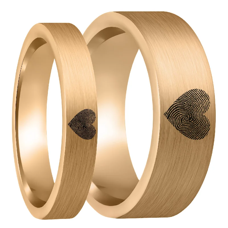 Women’s engagement rings with sapphires-Custom Heart Fingerprint Brushed Rose Gold Tungsten Couple's Matching Ring Set