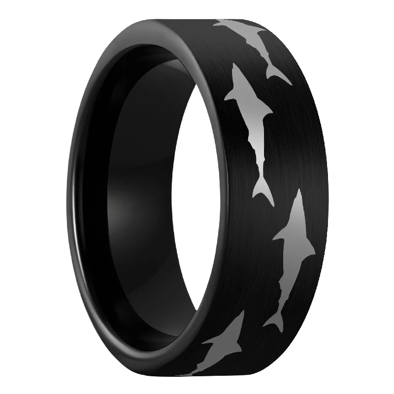 Women’s cubic zirconia rings-Shark Brushed Black Tungsten Men's Wedding Band