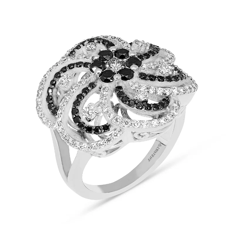 Women’s emerald diamond engagement rings-White and Black Diamond Flower Shaped Cocktail Ring