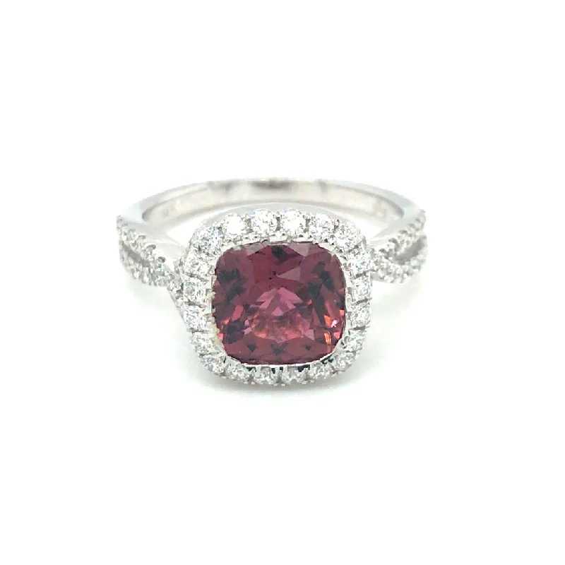 Women’s forever engagement rings-14k White Gold Cushion Pink Tourmaline and Diamond Halo Ring