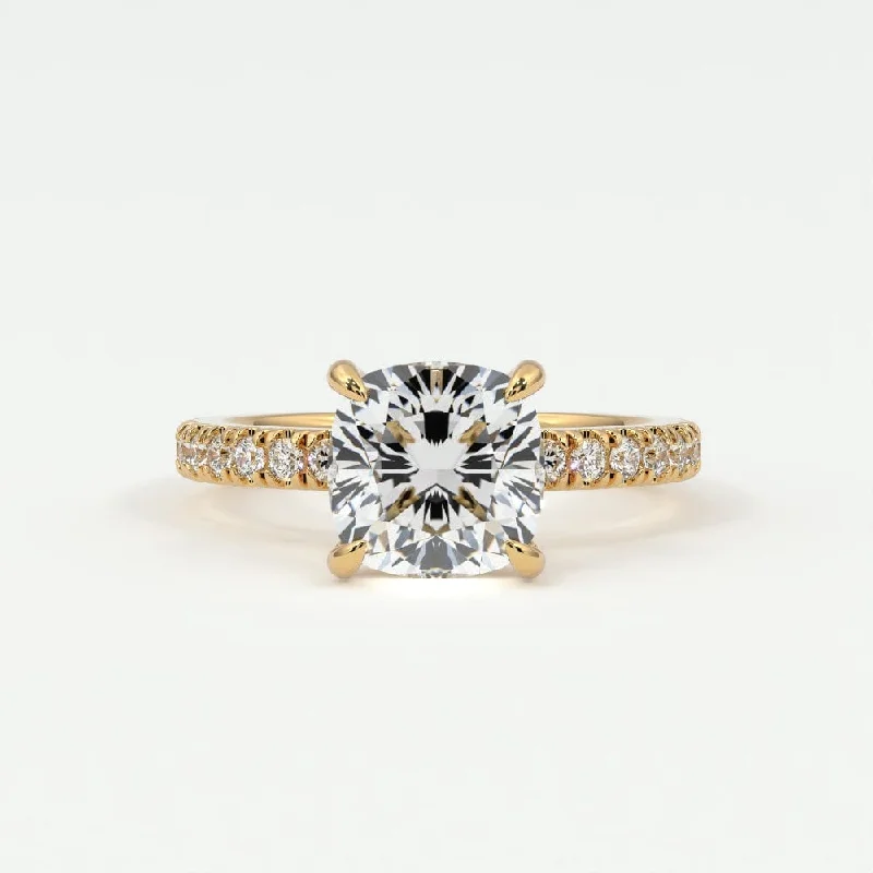 Women’s multi-stone engagement rings-Cushion Cut Diamond Pave Band, Hidden Halo