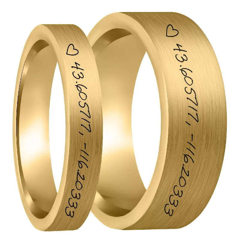 Women’s eternity rings with diamonds-Custom Handwritten Coordinates Brushed Gold Tungsten Couple's Matching Ring Set